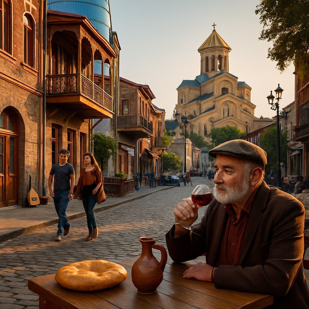 صحنه‌پردازی و ترکیب‌بندی:  
- مکان: ترکیبی از فضاهای شهری مدرن (مثل تفلیس با معماری شیشه‌ای و بتنی) و عناصر تاریخی (خیابان‌های سنگفرش شده، بالکن‌های چوبی قدیمی).  
- زمان: روز آفتابی با نور ملایم عصرگاهی (ساعت طلایی) برای ایجاد سایه‌روشن‌های طبیعی و گرمی رنگ‌ها.  
- پالت رنگی:  
  - زمینه‌های گرم: آجری، نارنجی، و طلایی (نماد معماری سنتی).  
  - تضادهای مدرن: آبی فیروزه‌ای (رودخانهٔ کورا یا پنجره‌های مدرن) و سبزهای ملایم (پارک‌ها و فضای سبز).  

سوژه‌های انسانی (مردم گرجی در حال زندگی روزمره):  
- پوشش: ترکیبی از لباس‌های مدرن و عناصر سنتی (مثل روسری‌های ابریشمی، کمربندهای چرمی دست‌دوز، یا پیراهن‌های گرجی با طرح‌های محلی).  
- فعالیت‌های طبیعی:  
  - یک پیرمرد در حال نوشیدن شراب قرمز در یک کافهٔ دنج با نمای پس‌زمینهٔ کلیسای تاریخی.  
  - جوانان در حال گفت‌وگو در خیابان‌های تفلیس با کافه‌های مدرن و گالری‌های هنری.  
  - زنان در حال پخت خاچاپوری در یک رستوران سنتی با پنجره‌ای رو به شهر.  

المان‌های فرهنگی گرجی:  
- معماری: ترکیب کلیساهای قدیمی (مثل **سامبا**)، خانه‌های چوبی با بالکن‌های مشبک، و ساختمان‌های مدرن.  
- موضوعات نمادین:  
  - میز چوبی با نان شاتی و لیوان‌های دسته‌دار گرجی.  
  - مجسمه‌های تاریخی در کنار تبلیغات دیجیتال شهری.  
  - ساز پاندوری در گوشه‌ای از کادر، کنار یک اسکوتر برقی پارک شده.  

جزئیات افزودنی برای جذابیت:  
- نورپردازی طبیعی: بازتاب نور خورشید روی سنگفرش‌های خیابان یا پنجره‌های رنگی.  
- تمرکز روی بافت‌ها: چرم دست‌دوز، سنگ‌های قدیمی، و پارچه‌های گرجی.  
- حیوانات: سگ‌های ولگرد (به عنوان بخشی از زندگی شهری تفلیس) یا اسب‌ها در مناطق کوهستانی.  

 تنظیمات فنی تصویر:  
- عمق میدان: کم (بوکه‌های ملایم برای پس‌زمینه‌های شلوغ).  
- کنتراست: متوسط با هایلایت‌های نرم.  
- زاویه‌دید: ترکیبی از نمای باز (شهری) و نمای بسته (پرتره‌های احساسی).  

حس نهایی تصویر:  
بیننده باید با نگاه کردن به این عکس، گرمای مهمان‌نوازی گرجی، زیبایی تاریخی، و انرژی زندگی مدرن را همزمان احساس کند—مثل یک داستان تصویری از کشوری که ریشه‌هایش را با آینده درآمیخته است.