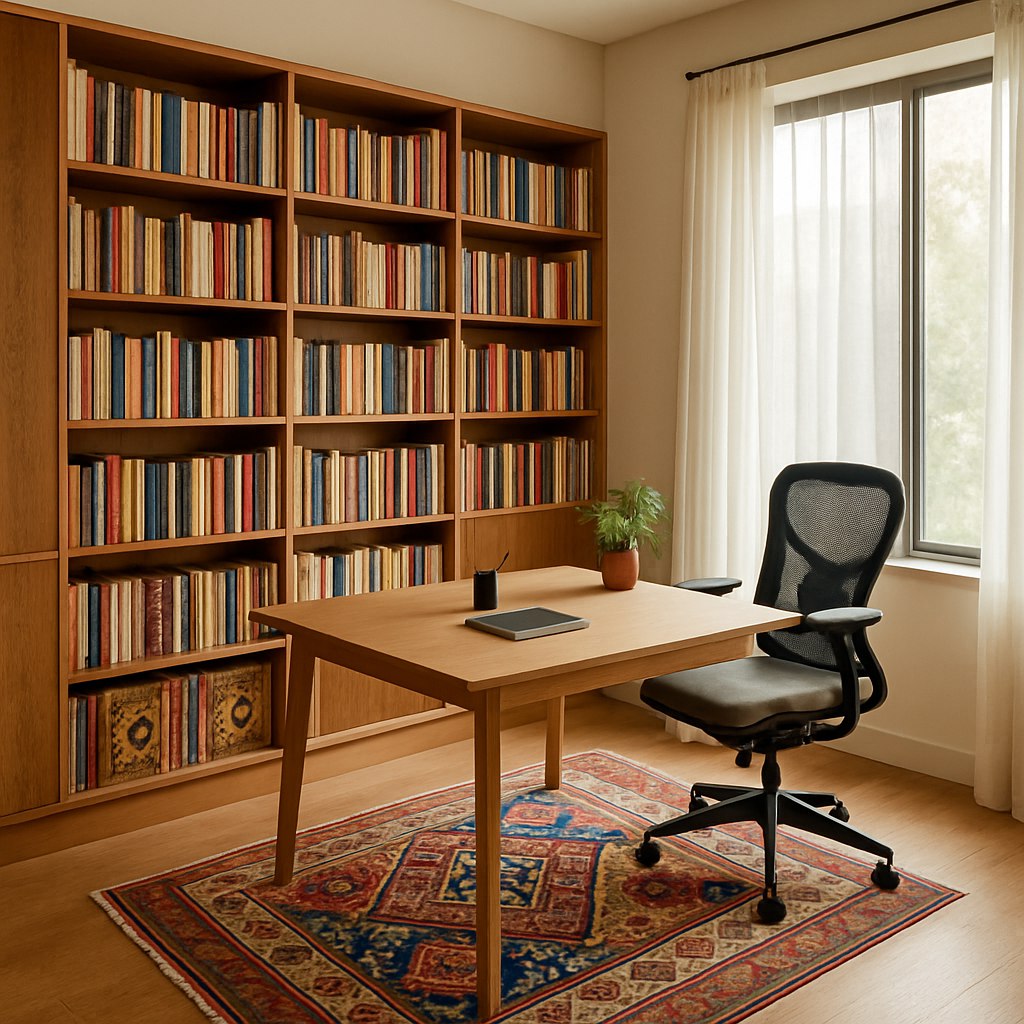 فضای مطالعه ایرانی مدرن با میز چوبی ساده و صندلی ارگونومیک، دیوار کتابخانه‌ای با قفسه‌های چوبی، فرش کوچک با طرح‌های مدرن برگرفته از نقش‌های ایرانی و پنجره بزرگ با پرده‌های شفاف و نور طبیعی.
