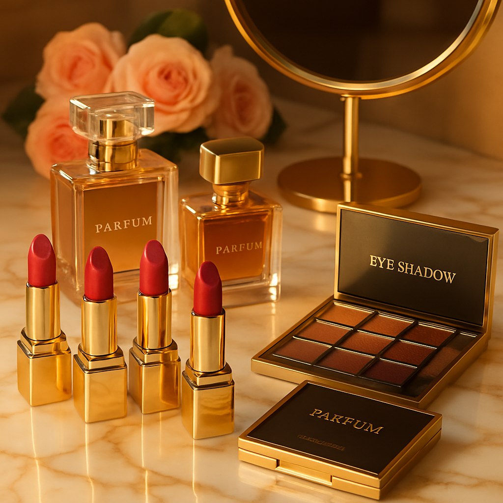تصویری خیره‌کننده و لاکچری از لوازم آرایشی: مجموعه‌ای از رژلب‌های براق، پالت‌های سایه چشم با رنگ‌های غنی و متنوع، و شیشه‌های عطر شیک که روی یک میز مرمری سفید با رگه‌های طلایی قرار گرفته‌اند. نورپردازی گرم و طلایی که براقیت محصولات را برجسته می‌کند و حس لوکس بودن را القا می‌کند. جزئیات مانند نوشته‌های ظریف با فونت طلایی روی بسته‌بندی محصولات و انعکاس ملایم نور روی سطوح براق به زیبایی تصویر افزوده است. در پس‌زمینه، یک آینه دایره‌ای با فریم طلایی و دسته گل رز‌های صورتی کمرنگ دیده می‌شود که به جذابیت بصری و حس لاکچری بودن کمک می‌کند.