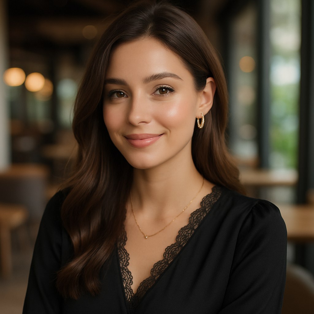 یک عکس پروفایل دخترانه جذاب و شیک، دختر جوان با موهای بلند و خوش‌حالت (باز و موج‌دار یا مدل ساده و مدرن)، آرایش ملایم و حرفه‌ای با تمرکز بر زیبایی طبیعی (هایلایت‌های نرم روی گونه‌ها و لبخند دلنشین). پوشیده در لباسی شیک و مینیمال مانند یک بلوز یا پیراهن تک‌رنگ (مشکی، سفید، یا پاستلی)، یا با جزئیات ظریف مثل یقه‌های توری یا پارچه‌های ابریشمی. اکسسوری‌هایی مانند گوشواره‌های ظریف، گردنبند ساده یا یک ساعت شیک. پس‌زمینه‌ای محو و حرفه‌ای با رنگ‌های خنثی یا نور طبیعی در محیطی مانند یک کافه مدرن یا فضای باز با منظره‌ای شیک. نورپردازی نرم و گرم که چهره را درخشان و چشم‌ها را برجسته کند. عکس با سبک حرفه‌ای و کیفیت بالا.
