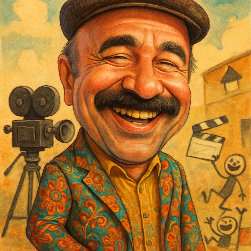 > یک کاریکاتور شاد و دوست‌داشتنی از رضا عطاران طراحی کن. او را با لبخند همیشگی و سبیل نمادینش به تصویر بکش. سر او کمی بزرگ‌تر از بدنش باشد و چهره‌اش پر از خطوط بامزه و دلنشین. او در حال پوشیدن یک کت شاد و پرنقش با رنگ‌های متنوع باشد و یک کلاه سنتی روی سرش داشته باشد. فضای اطراف شامل المان‌هایی از فیلم‌های کمدی‌اش مثل دوربین فیلمبرداری قدیمی و صحنه‌هایی از یک پشت‌صحنه خنده‌دار باشد. سبک کاریکاتور باید حس شوخ‌طبعی و جذابیت او را به تصویر بکشد.