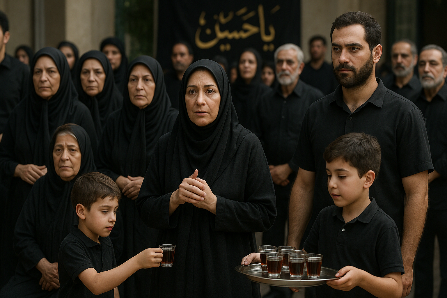 صحنه‌ای واقعی و پرشور از مراسم عزاداری محرم در ایران، با حضور مردم مشتاق و مؤمن، شامل زنان و مردان مسلمان که با لباس‌های تیره و ساده در یک هیئت عزاداری گرد آمده‌اند. چهره‌ها با احساس، محترم و باوقار باشند. فضا معنوی، صمیمی و روشن باشد، اما نه بسیار تیره؛ نورپردازی طبیعی و متعادل باشد تا جزئیات چهره‌ها، لباس‌ها و محیط به‌خوبی دیده شوند. در گوشه‌ای از تصویر، کودکان با شور و اشتیاق در حال کمک در پخش نذری (مانند چای یا شربت) باشند. تصویر با کیفیت بالا، واقع‌گرایانه و با دقت در طراحی چهره‌ها، حرکات و پوشش افراد تولید شود، گویی با دوربین حرفه‌ای گرفته شده است.