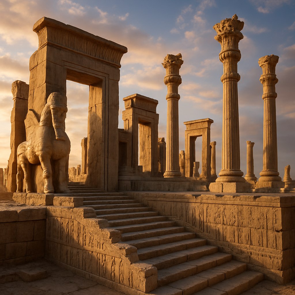 تصویر سه‌بعدی فوق‌واقع‌گرایانه از تخت‌جمشید با کیفیت بالا و به سبک عکاسی حرفه‌ای، زاویه‌ای چشم‌نواز و خلاقانه که عظمت و ابهت معماری هخامنشی را به‌خوبی نمایش دهد. نمایش دقیق جزئیات سنگ‌تراشی‌ها، ستون‌ها، پلکان‌ها و کنده‌کاری‌ها با نورپردازی گرم و هنرمندانه هنگام طلوع یا غروب آفتاب، با سایه‌های دراماتیک. رنگ‌های طبیعی سنگ‌ها با بافت واقع‌گرایانه، آسمانی پویا با نور طبیعی و ابرهای نرم. فضایی آرام و مقدس با حس تاریخ، اصالت و شکوه. تصویر باید کاملاً طبیعی و شبیه عکس گرفته‌شده با دوربین حرفه‌ای باشد، با عمق میدان واقعی و وضوح بسیار بالا. اتمسفری پر از عظمت، حس باستانی، و احترام به تمدن ایرانی.