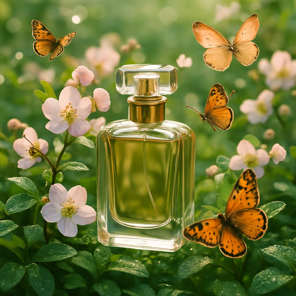 عکس تبلیغاتی برای شیشه عطر شیک در فضای طبیعی و خالص