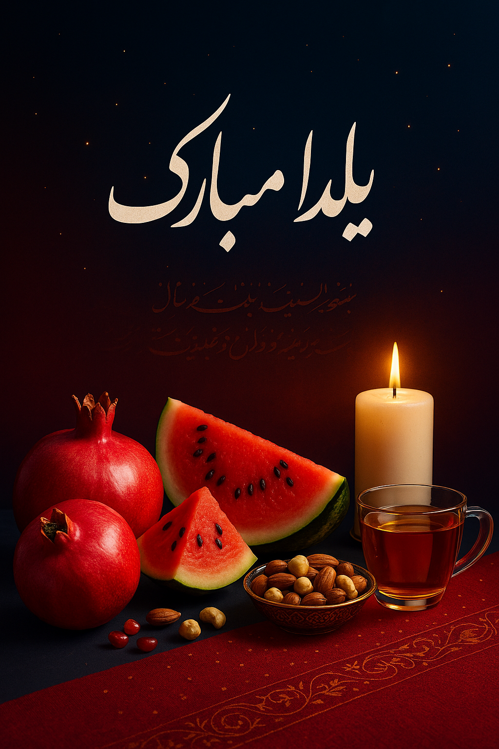 بنر تبلیغاتی شب یلدا با کیفیتی در حد عکس واقعی، ترکیبی چشم‌نواز از المان‌های سنتی ایرانی و طراحی مدرن. شامل چیدمان هنرمندانه از نمادهای یلدا مانند انارهای درخشان، برش‌های هندوانه، آجیل شب یلدا، شمع و خوشنویسی فارسی به زبان فارسی و خط فارسی به‌صورت ظریف در پس‌زمینه. ترکیب رنگی شامل قرمزهای تند، طلایی، و آبی شبانه با هایلایت‌های درخشان برای القای حس لوکس و جشن. طراحی مدرن با خطوط تمیز، گرادیانت‌های نرم و ترکیب‌بندی متعادل. مناسب برای تبلیغات فصل یلدا با اصالت فرهنگی و جلوه‌ای مدرن و شیک.
عناصر پیشنهادی برای گرافیک نهایی:
فونت نستعلیق برای تیتر «یلدا مبارک» یا «جشن بلندترین شب سال» به زبان فارسی و خط زبان فارسی 
استفاده از پس‌زمینه تاریک با عناصر نورانی (مثل نور شمع یا فانوس)
ترکیب سنت و مدرن: مثلاً شمع سنتی کنار لیوان چای شیشه‌ای مینیمال
جای خالی برای درج متن تبلیغاتی یا آفر ویژه