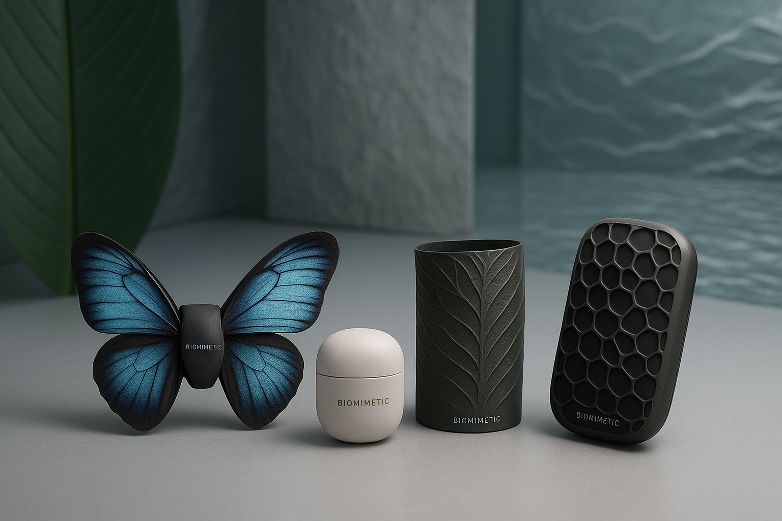 تصویر محصول با کیفیت بسیار بالا و واقعی، از محصولات بیومیمتیک پیشرفته که به‌طور شیک روی سطحی صاف چیده شده‌اند. محیط عکاسی، آزمایشگاهی مدرن یا فضایی الهام‌گرفته از طبیعت آینده‌نگرانه است — با نورپردازی ملایم و بافت‌هایی مانند برگ، آب جاری یا الگوهای لانه زنبوری در پس‌زمینه. طراحی محصولات الهام‌گرفته از طبیعت است؛ مثلاً فناوری پوشیدنی با ظاهر بال‌های پروانه یا مواد انعطاف‌پذیر شبیه ساختار گیاهان. روی محصولات تنها نام برند به زبان انگلیسی دیده می‌شود؛ هیچ نوشته یا لیبل اضافه‌ای وجود ندارد. نورپردازی حرفه‌ای با سایه‌های نرم و بازتاب تمیز. تصویری لوکس و مدرن، مناسب برای مجله یا کمپین تبلیغاتی.